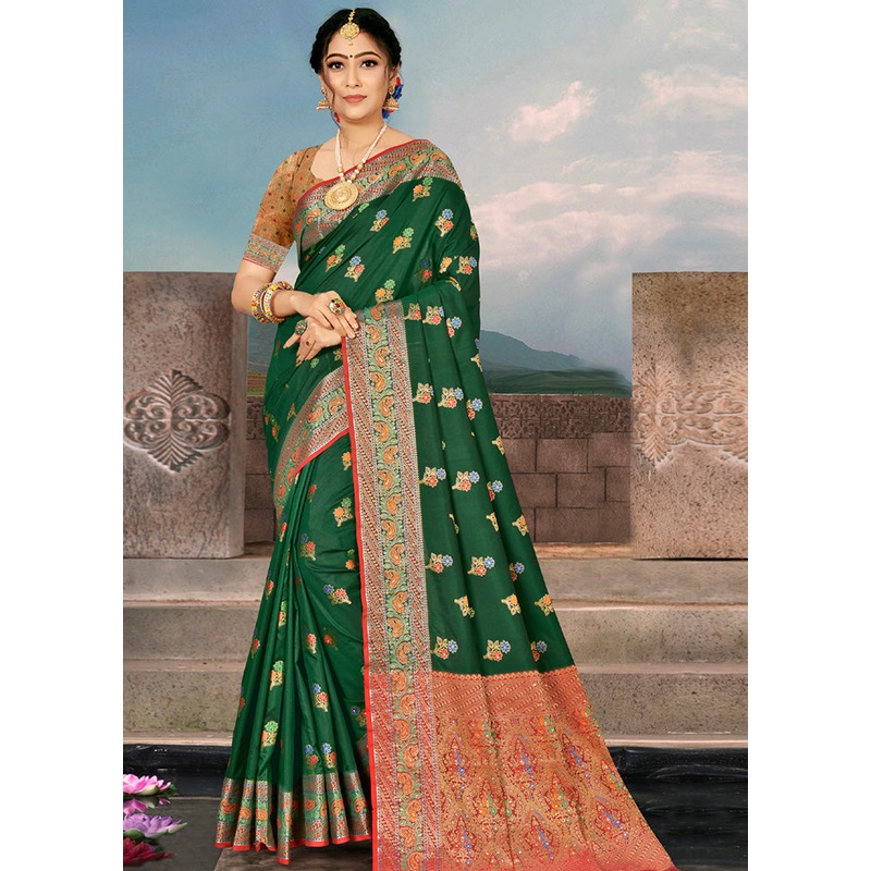 Dark Green Spun Silk Saree With Blouse Piece - JD986580402