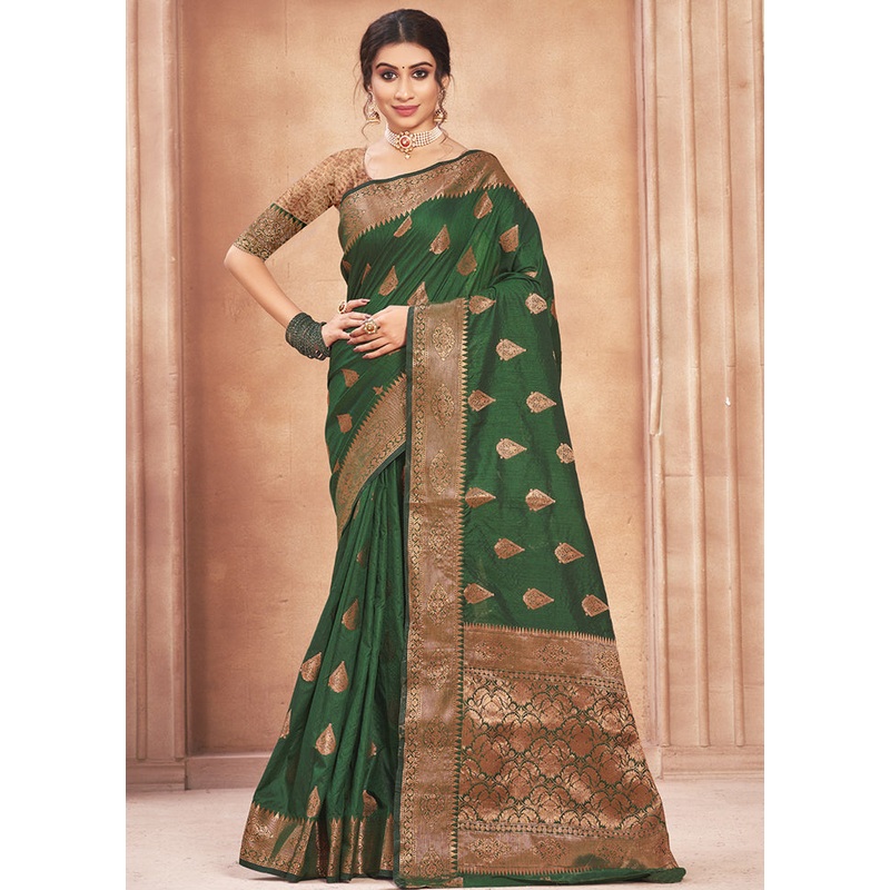 Dark Green Spun Silk Saree With Blouse Piece - JD986580465