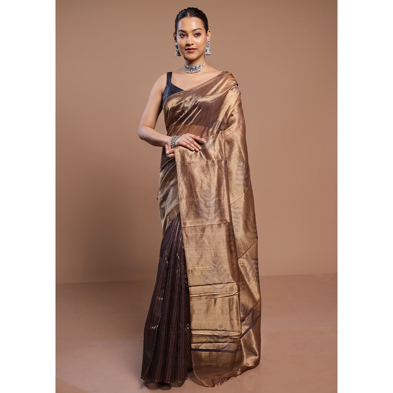 Gold Handloom Tussar Pure Silk Saree With Blouse Piece - JD986580536