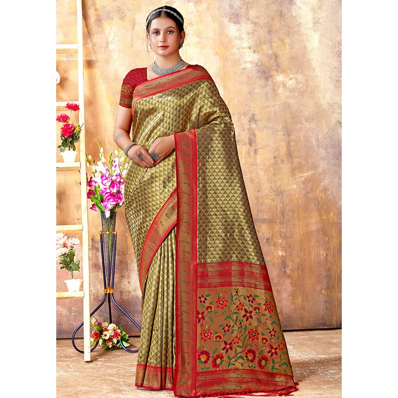 Golden Spun Silk Saree With Blouse Piece - JD986580376