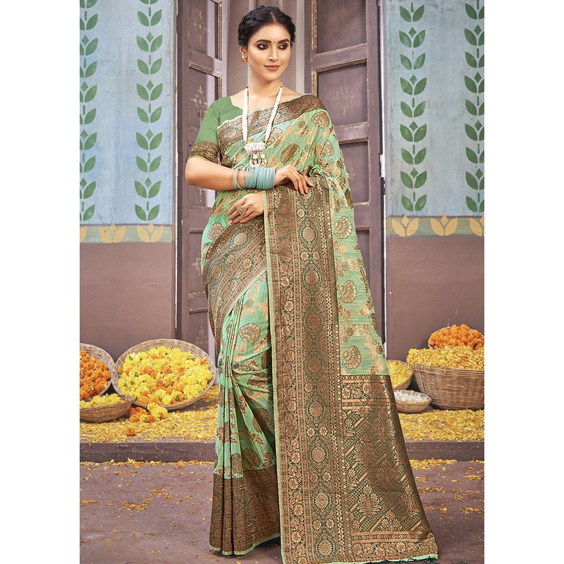 Green Cotton Saree With Blouse Piece - JD986580470