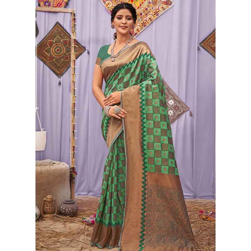 Green Cotton Saree With Blouse Piece - JD986580485