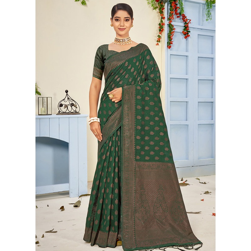 Green Cotton Saree With Blouse Piece - JD986580486
