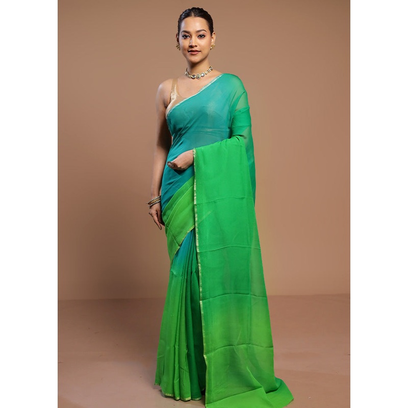 Green Handloom Chiffon Pure Silk Saree With Blouse Piece - JD986580530