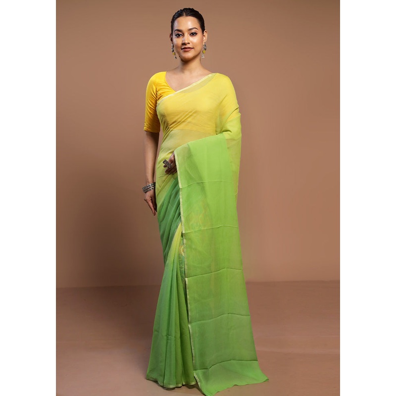 Green Handloom Chiffon Pure Silk Saree With Blouse Piece - JD986580531