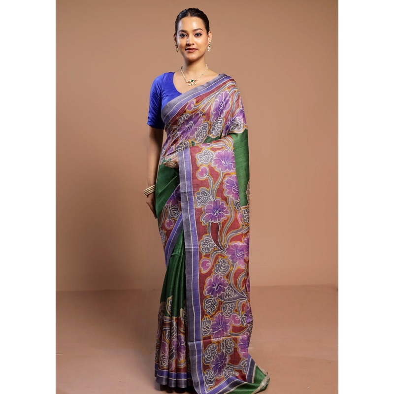 Green Handloom Tussar Pure Silk Saree With Blouse Piece - JD986580528