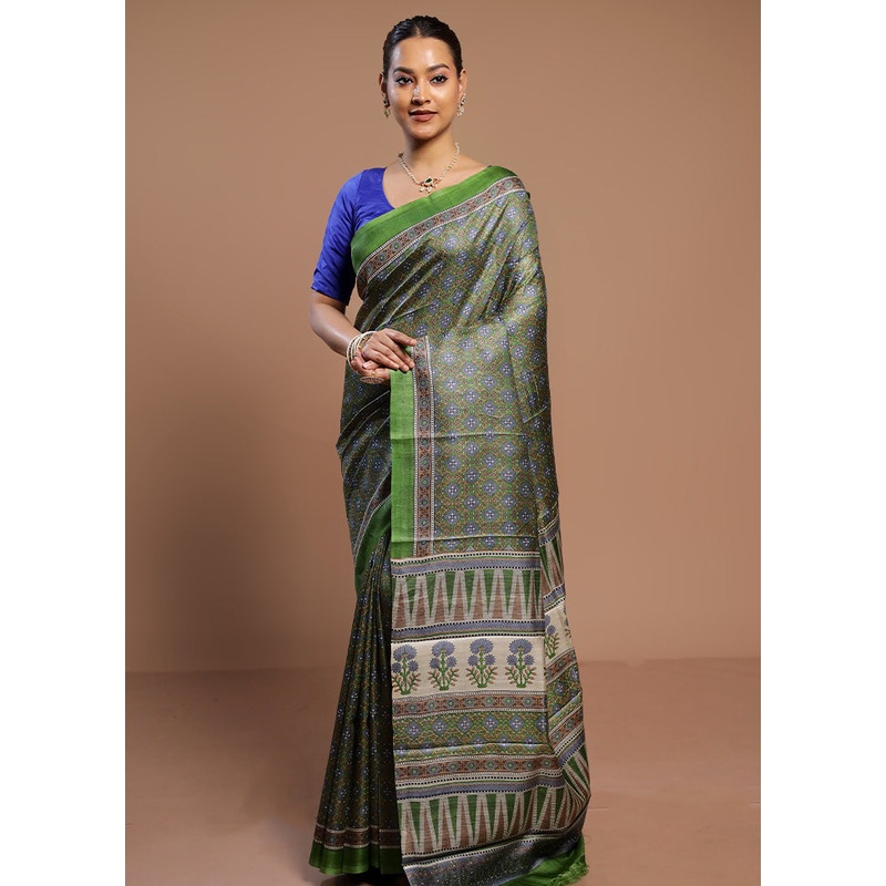 Green Handloom Tussar Pure Silk Saree With Blouse Piece - JD986580529