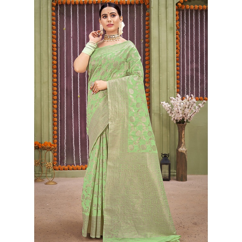 Green Linen Silk Saree With Blouse Piece - JD986580438
