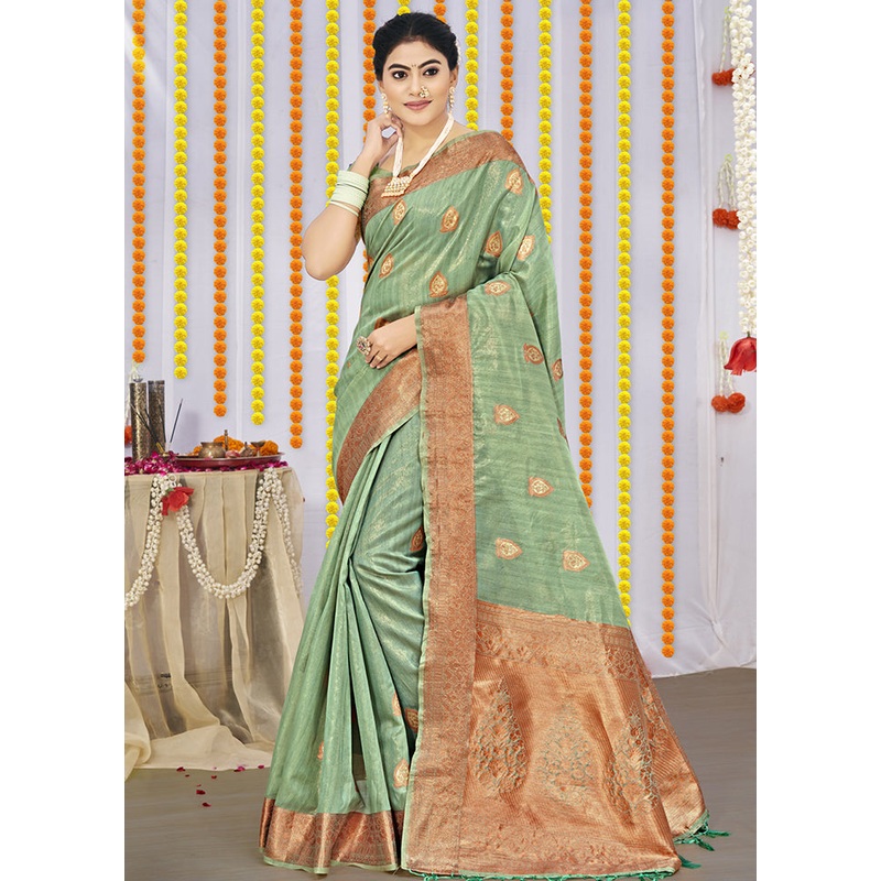 Green Organza Saree With Blouse Piece - JD986580461