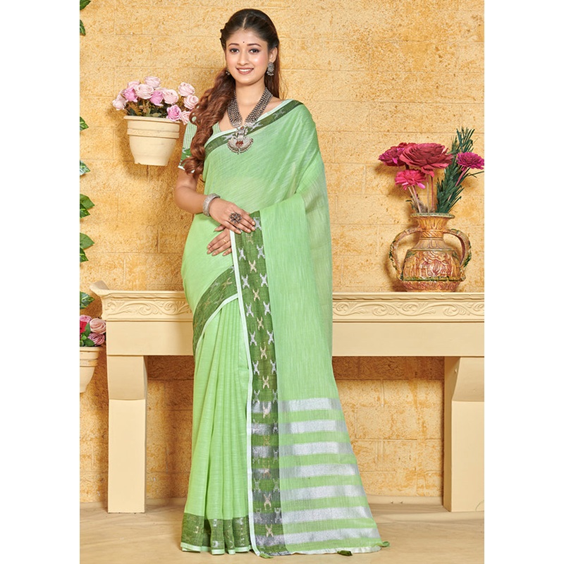 Green Spun Silk Saree With Blouse Piece - JD986580378