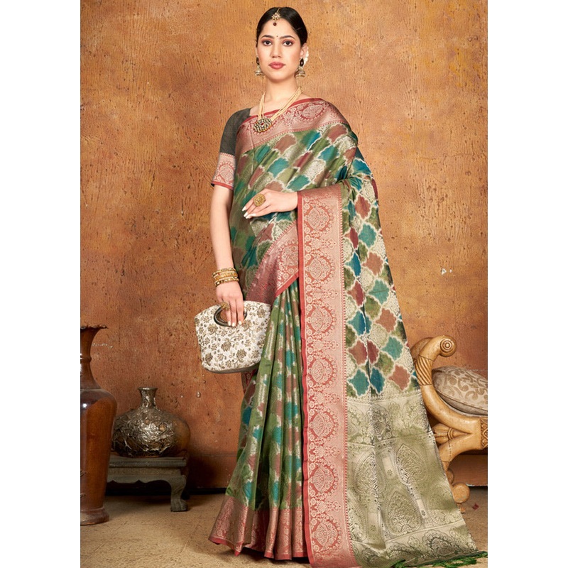 Green Spun Silk Saree With Blouse Piece - JD986580382