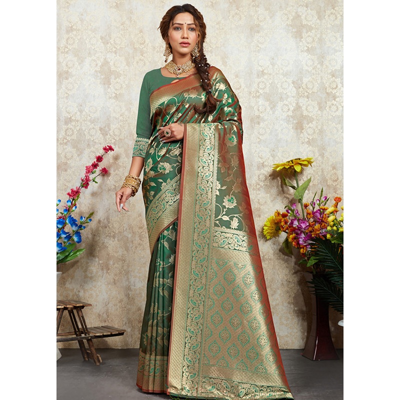 Green Spun Silk Saree With Blouse Piece - JD986580392