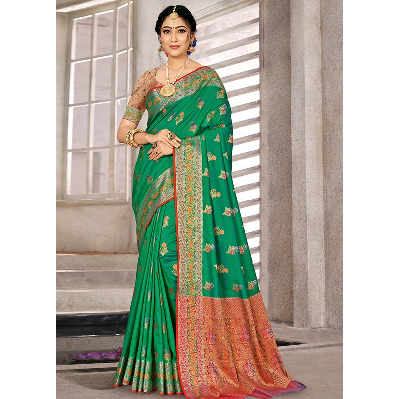 Green Spun Silk Saree With Blouse Piece - JD986580403