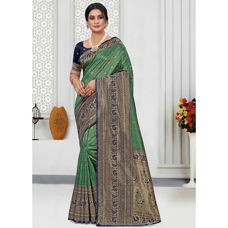 Green Spun Silk Saree With Blouse Piece - JD986580406