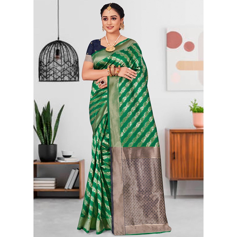 Green Spun Silk Saree With Blouse Piece - JD986580416