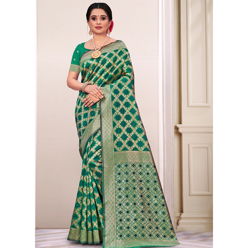 Green Spun Silk Saree With Blouse Piece - JD986580424
