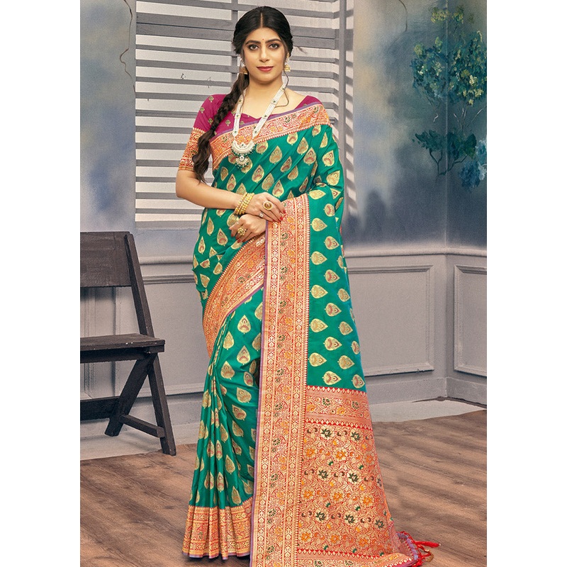 Green Spun Silk Saree With Blouse Piece - JD986580436