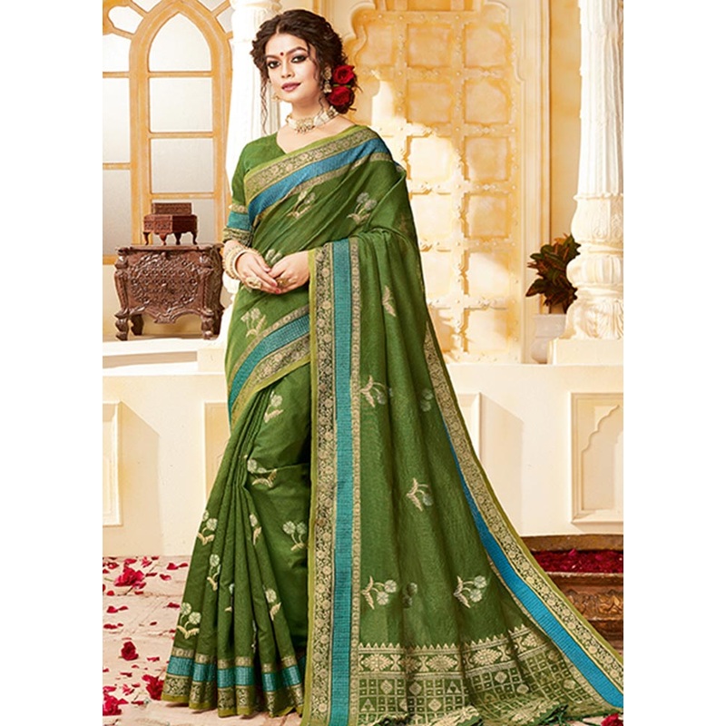 Green Spun Silk Saree With Blouse Piece - JD986580514