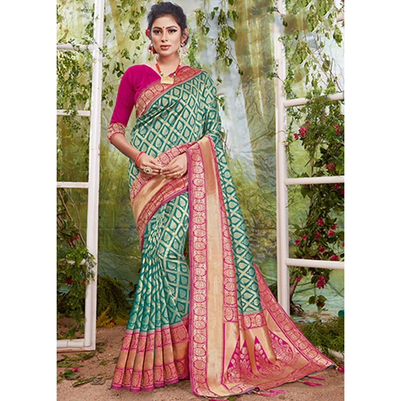 Green Spun Silk Saree With Blouse Piece - JD986580517