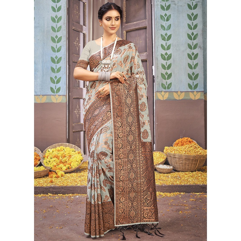Grey Cotton Saree With Blouse Piece - JD986580467