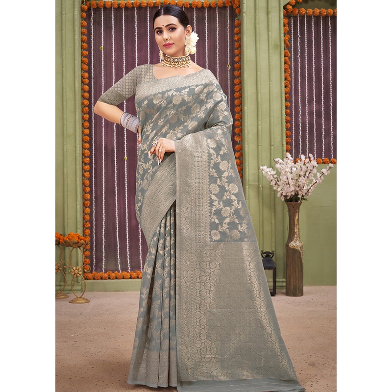 Grey Linen Silk Saree With Blouse Piece - JD986580443