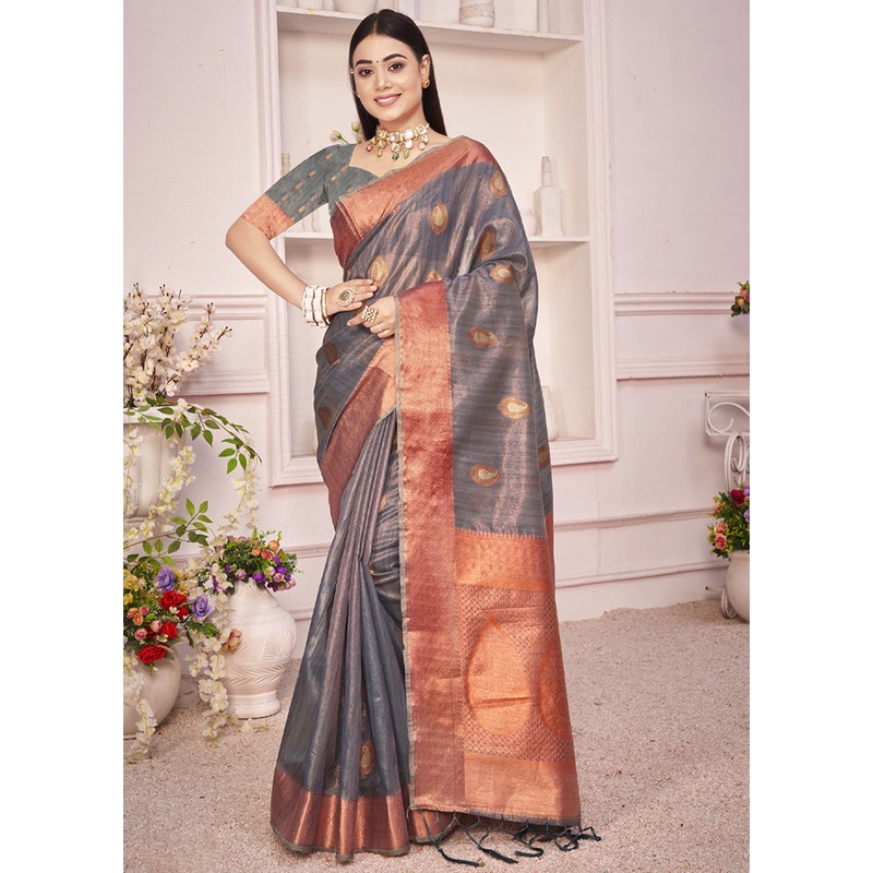 Grey Organza Saree With Blouse Piece - JD986580445