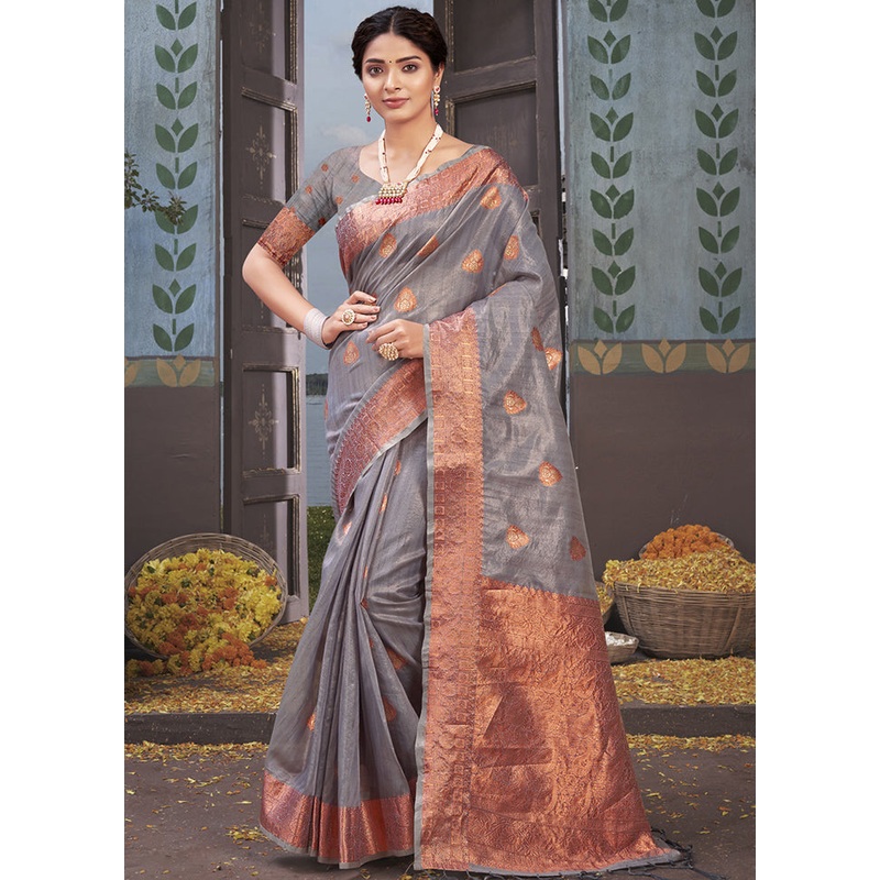 Grey Organza Saree With Blouse Piece - JD986580449