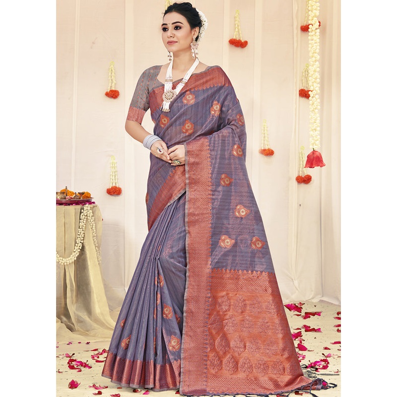 Grey Organza Saree With Blouse Piece - JD986580450