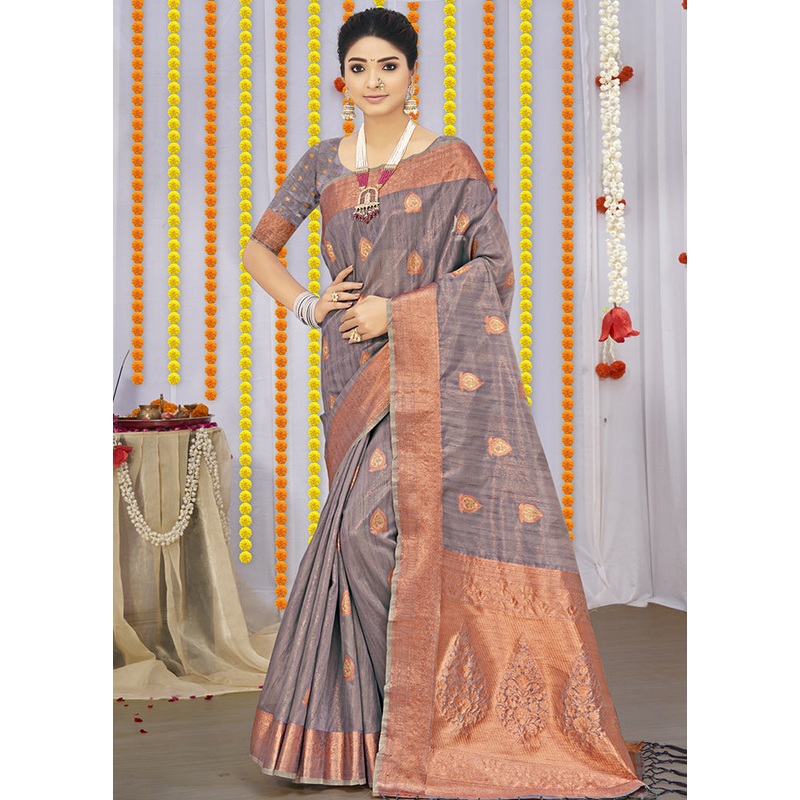 Grey Organza Saree With Blouse Piece - JD986580460
