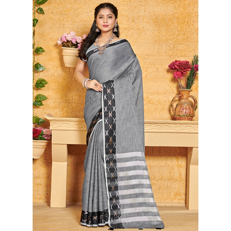 Grey Spun Silk Saree With Blouse Piece - JD986580379