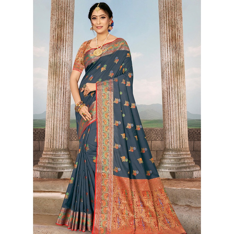 Grey Spun Silk Saree With Blouse Piece - JD986580404