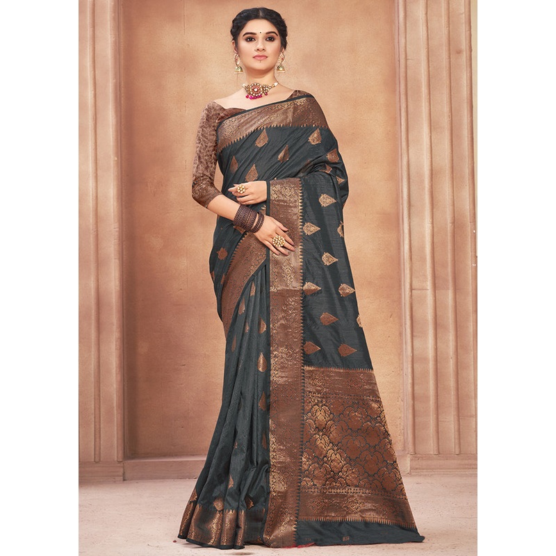 Grey Spun Silk Saree With Blouse Piece - JD986580466