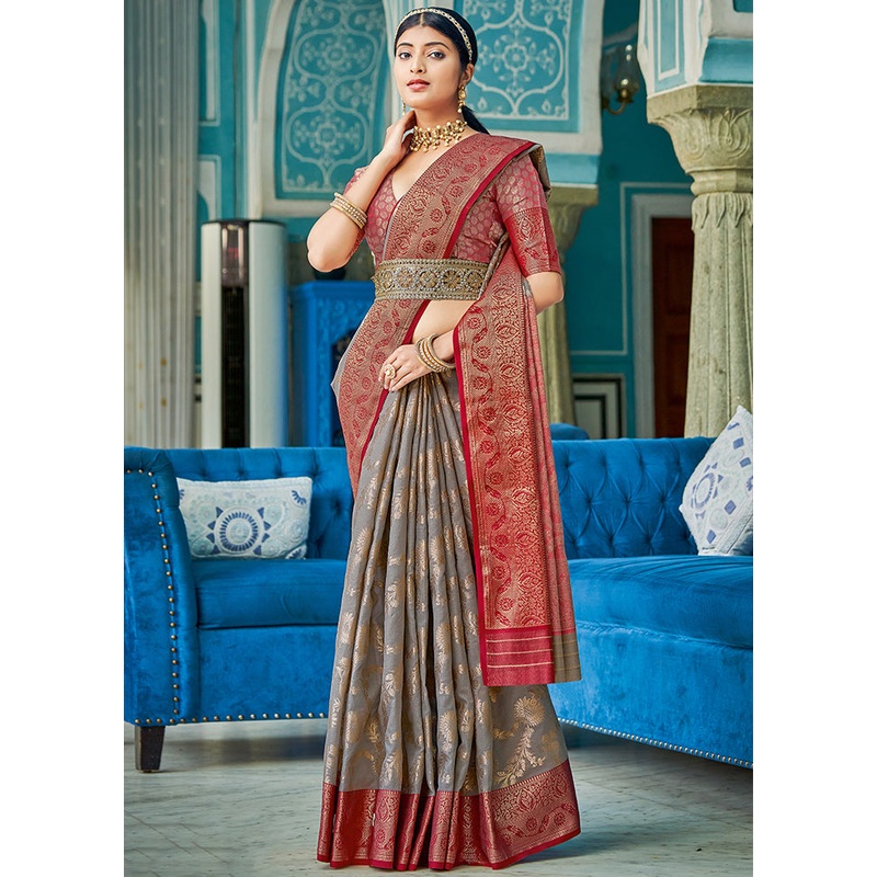 Grey Spun Silk Saree With Blouse Piece - JD986580509