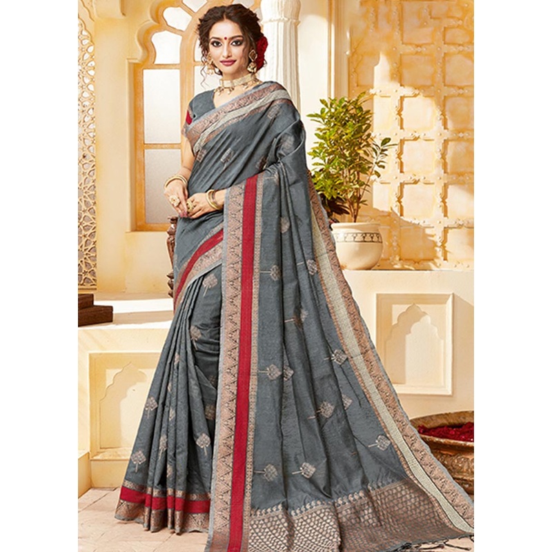 Grey Spun Silk Saree With Blouse Piece - JD986580513