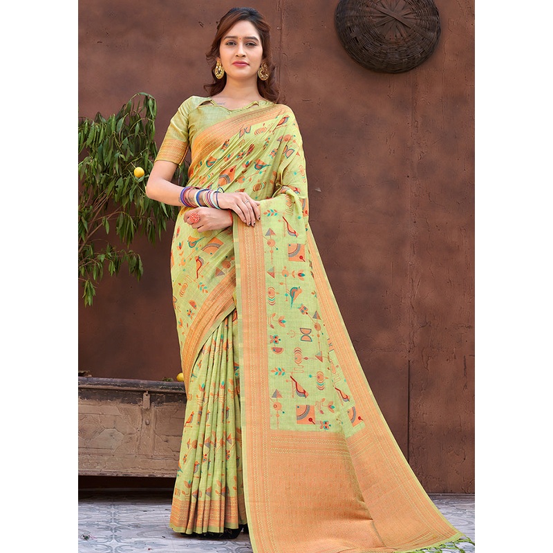 Light Green Spun Silk Saree With Blouse Piece - JD986580366