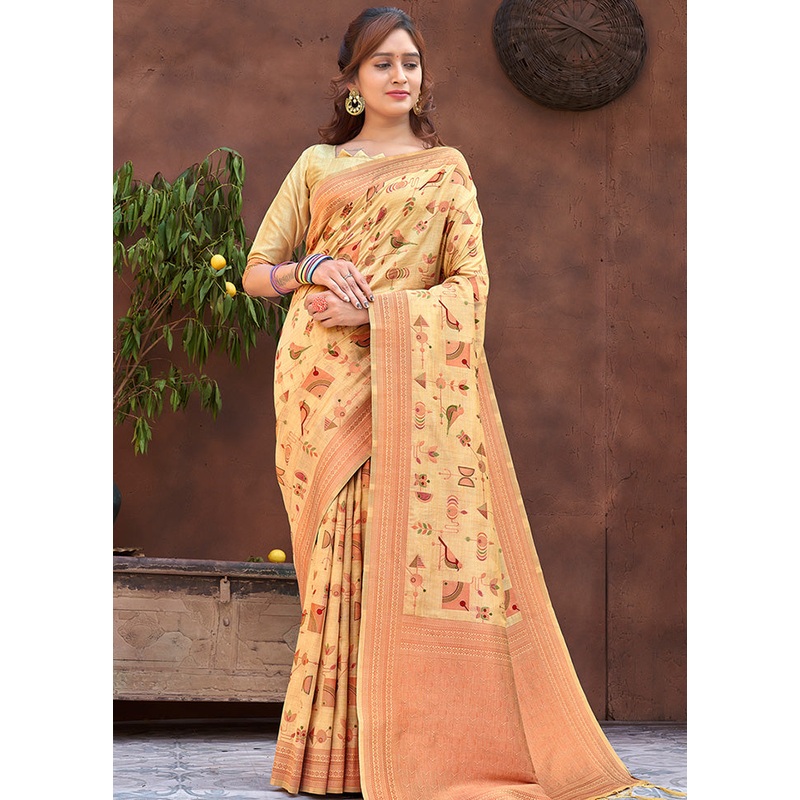 Light Yellow Spun Silk Saree With Blouse Piece - JD986580364