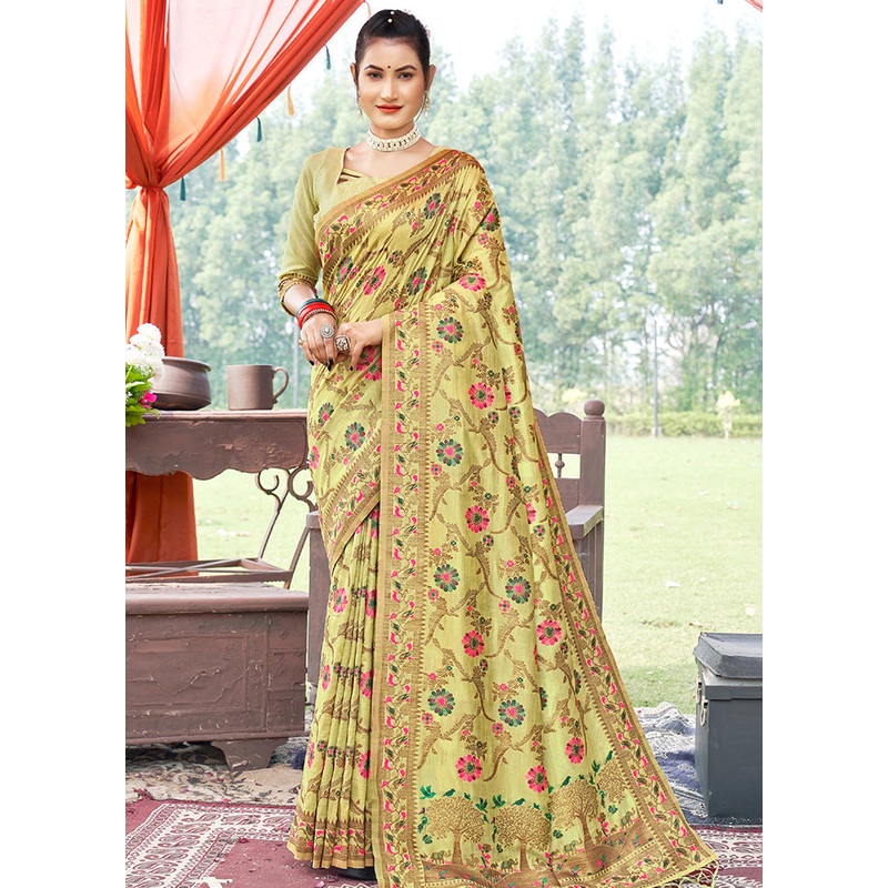 Light Yellow Spun Silk Saree With Blouse Piece - JD986580395