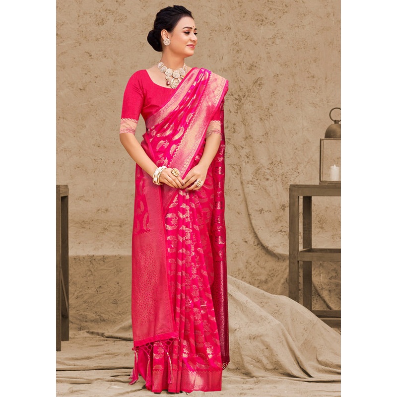 Magenta Spun Silk Saree With Blouse Piece - JD986580499