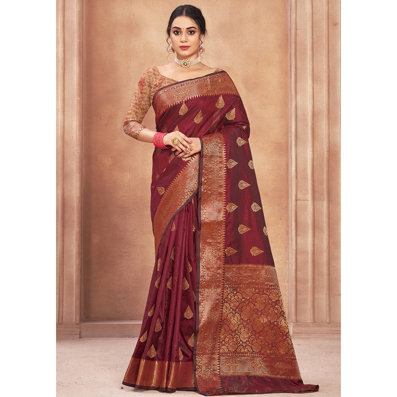Maroon Spun Silk Saree With Blouse Piece - JD986580462
