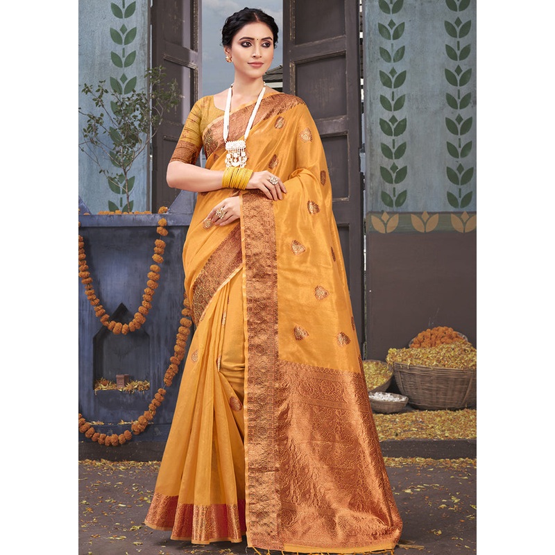 Mustard Organza Saree With Blouse Piece - JD986580451