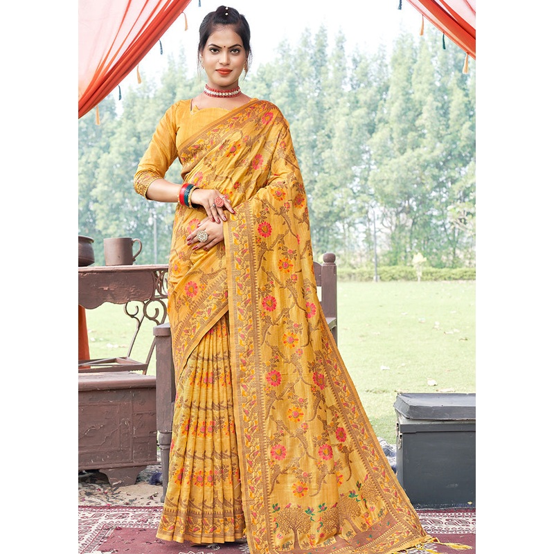 Mustard Spun Silk Saree With Blouse Piece - JD986580397