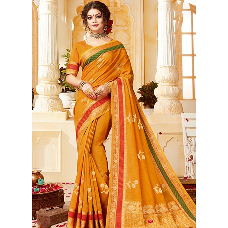 Mustard Spun Silk Saree With Blouse Piece - JD986580511