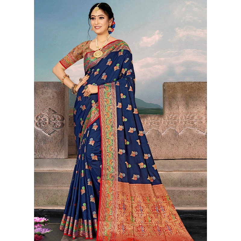 Navy Blue Spun Silk Saree With Blouse Piece - JD986580405