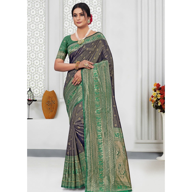 Navy Blue Spun Silk Saree With Blouse Piece - JD986580409