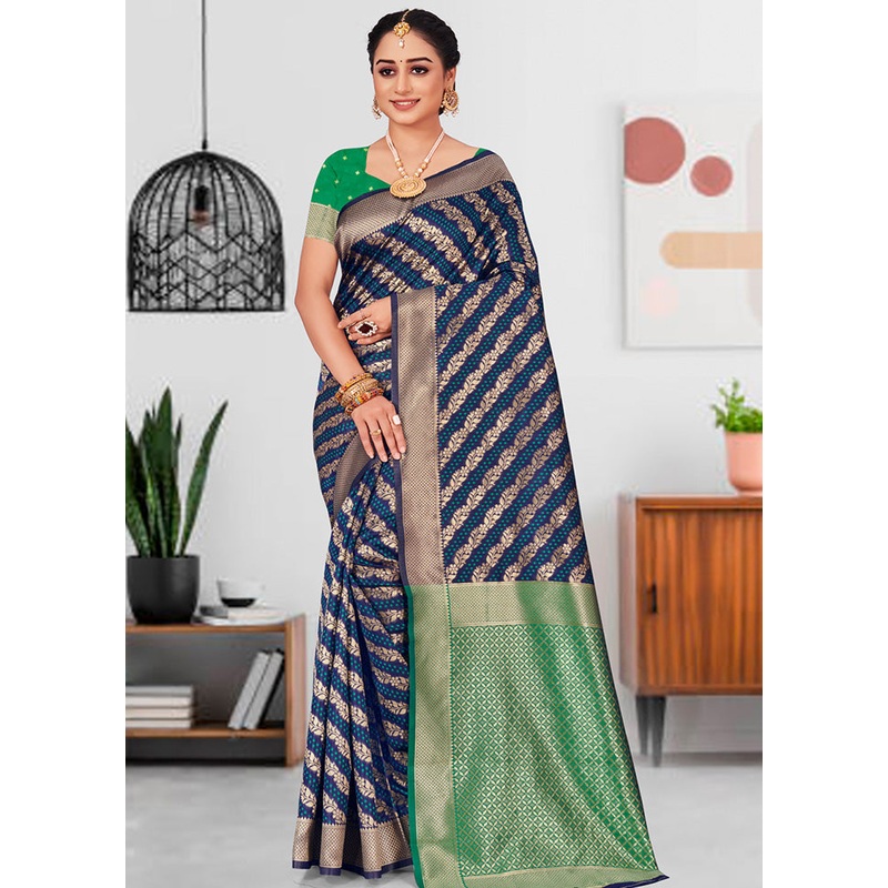 Navy Blue Spun Silk Saree With Blouse Piece - JD986580414