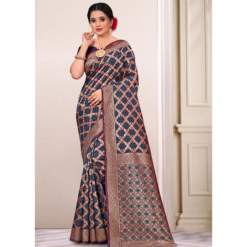Navy Blue Spun Silk Saree With Blouse Piece - JD986580423