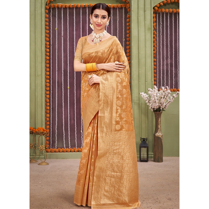 Orange Linen Silk Saree With Blouse Piece - JD986580442