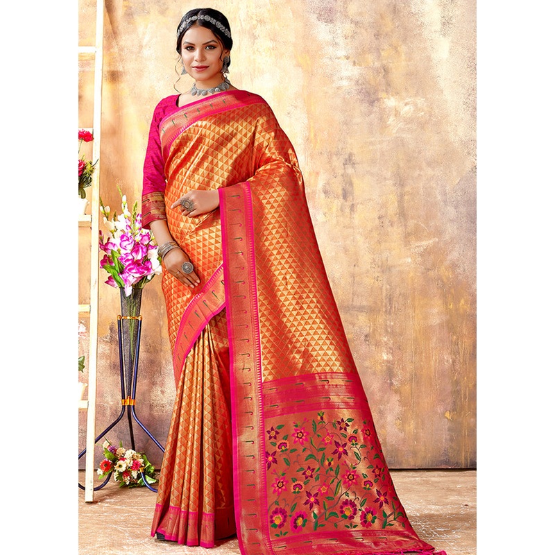 Orange Spun Silk Saree With Blouse Piece - JD986580374