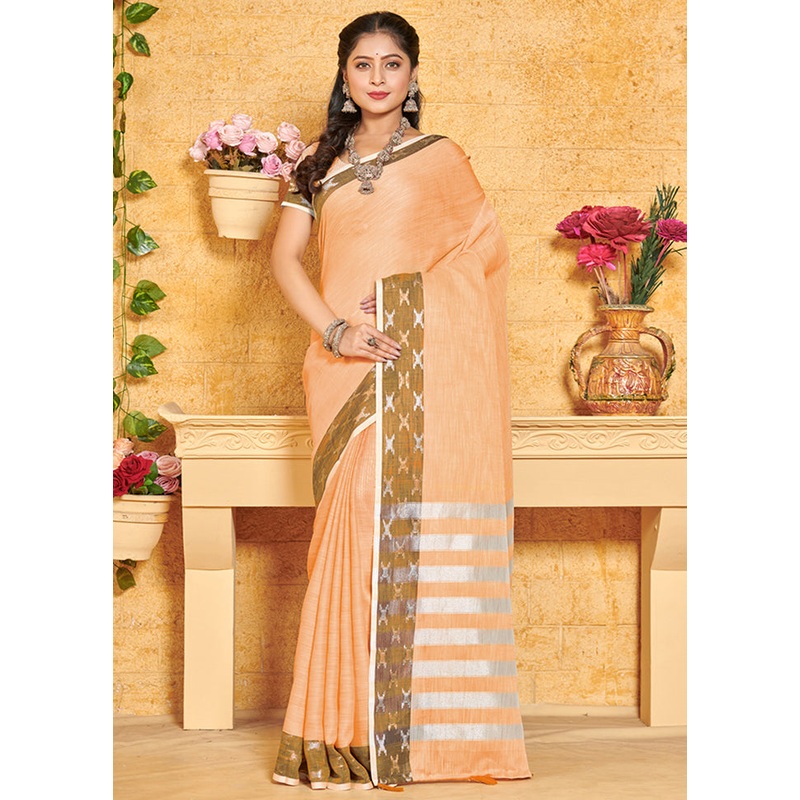 Orange Spun Silk Saree With Blouse Piece - JD986580380