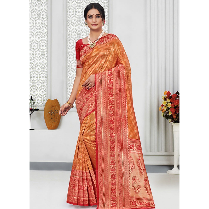 Orange Spun Silk Saree With Blouse Piece - JD986580408